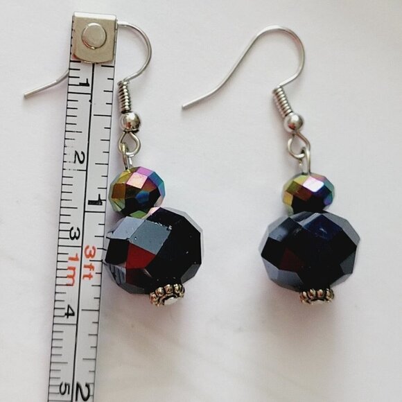 Hand Beaded Faceted Glass Drop Dangle Earrings Black Chinese Crystal Silver - Picture 7 of 7